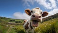 An image of a brown cow grazing on a mountain pasture with a white pattern Royalty Free Stock Photo