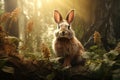 Image of brown rabbit in the fertile forest. Wildlife Animals. Nature. Illustration, Generative AI