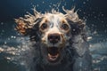 Image of brown spotted gray and white dog in water, splash concept