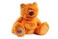 Image of brown toy teddy bear sitting at white isolated background Royalty Free Stock Photo