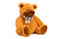 Image of brown toy teddy bear sitting at white isolated background Royalty Free Stock Photo