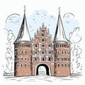 An Image Of A Building With Two Towers Of Medieval Towers Vector Design