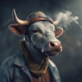 Image of of a bull dressed in denim shirt on clean background. Fashion, Wildlife Animals, Generative AI, Illustration