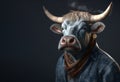 Image of of a bull dressed in denim shirt on clean background. Fashion, Wildlife Animals, Generative AI, Illustration