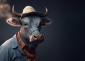 Image of of a bull dressed in denim shirt and wearing a hat on clean background. Fashion, Wildlife Animals, Generative AI,