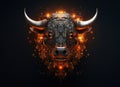 Image of bull face made with electronic components with fire on clean background. Wildlife Animals. Illustration, Generative AI Royalty Free Stock Photo