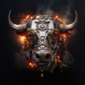Image of bull face made with electronic components with fire on clean background. Wildlife Animals. Illustration, Generative AI Royalty Free Stock Photo