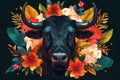 Image of bull head in tropic flowers. Wildlife Animals. Illustration, generative AI