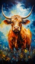 Image of bull with large horns on blue background. Generative AI Royalty Free Stock Photo