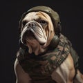 Image of a bulldog dressed in a tactical military outfit on a clean background. Pet, Animals. Illustration, Generative AI