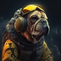 Image of a bulldog dressed in a tactical military outfit on a clean background. Pet, Animals. Illustration, Generative AI