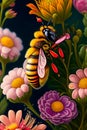 image of the bumble-bee flying around or surround by ornate flowers garden scene. Royalty Free Stock Photo