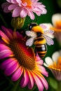 image of the bumble-bee flying around or surround by ornate flowers garden scene.