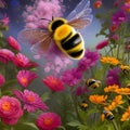 image of the bumble-bee flying around or surround by ornate flowers garden scene. Royalty Free Stock Photo