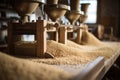 In this image, a bunch of grain is being milled into a machine to undergo a series of operations for processing the raw grain,