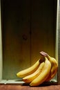 Image of bunch of ripe yellow bananas on wooden background, bright sunlight, harvest in wooden box
