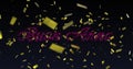 Image of buon annee text in pink with pink new year fireworks and gold confetti in night sky