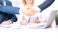 Image of business partners handshaking over business objects on workplace Royalty Free Stock Photo