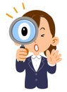 Businesswoman`s upper half body, newcomer, job hunting, student, surprised at looking into the magnifying glass Royalty Free Stock Photo