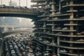 An image of a bustling highway with numerous vehicles moving slowly due to heavy traffic, Traffic jam on a multi-level expressway