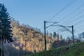 Image of the cables of the train tracks from a lower perspective