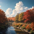 Calm panoramic countryside landscape with quiet river and motley autumn colorful forest after it under blue Royalty Free Stock Photo