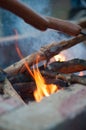 Closeup shot of fire grilling hot dogs Royalty Free Stock Photo