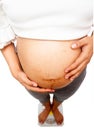 High angle view of pregnant woman standing on scales weight balance