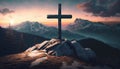 Mountains landscape with cross on top of the top Generative AI Royalty Free Stock Photo