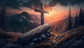 Mountains landscape with cross on top of the top Generative AI Royalty Free Stock Photo