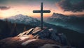 Mountains landscape with cross on top of the top Generative AI Royalty Free Stock Photo