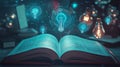Exploring the Bright Future of E-Learning Through an Open Book and Icons Representing Knowledge and Innovation Royalty Free Stock Photo