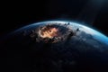 a giant flaming impact crater on planet earth. viewed from space. the big bang. Extinction Event Royalty Free Stock Photo