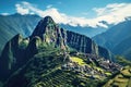 This image captures the ancient Inca city of Machu Picchu, showcasing its architectural ruins from an aerial perspective, View Royalty Free Stock Photo