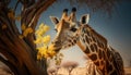 A giraffe eating leaves from an acacia tree during the golden time in Africa generative AI