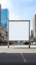 Blank billboard frame nestled amidst a bustling urban landscape, open canvas for creativity