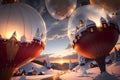 Sunset over Snowy Mountains and Terrain with a Fantasy Balloon Village. AI generated