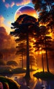 great landscape nature at sunset spiritual surreal trees birds and animals