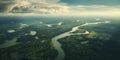 areal view of the vast amazon river and amazonian lush rain forest jungle. biodiversity ecosystem.