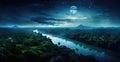 Night full moon over the amazon forest. areal view of the vast amazon river and amazonian lush rain forest jungle. Royalty Free Stock Photo