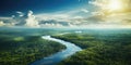 areal view of the vast amazon river and amazonian lush rain forest jungle. untouched, foliage, dense, ecological diversity. Royalty Free Stock Photo