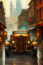 close up rat rod on futuristic city street steam punk wet road extreme detail muted colors grit generated by ai