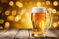 Cold Beer Mug on a Wooden Floor Against a Gold Bokeh Backdrop Royalty Free Stock Photo