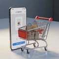 Mobile E-commerce and Miniature Shopping Cart Royalty Free Stock Photo