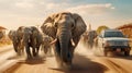 elephants running between cars