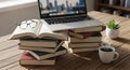 Laptop books coffee and glasses on a wooden study desk Royalty Free Stock Photo