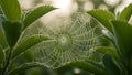 Dewy spider web among green leaves in nature Royalty Free Stock Photo