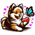 A small puppy plays with a butterfly against a background of hearts, for Valentine\'s Day or a Birthday or a Wedding.