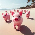 Joyful Run of Pink Piglets on Ocean Beach