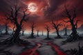 a desert landscape illuminated by the eerie red glow of the moon on Halloween night. Royalty Free Stock Photo